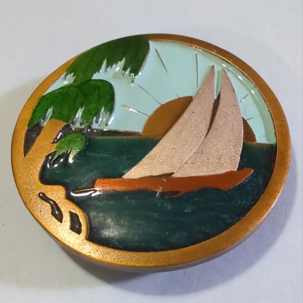 VINTAGE 1977 SOLID BRASS BELT BUCKLE SAILBOAT PALM TROPICAL INDIANA METAL CRAFT